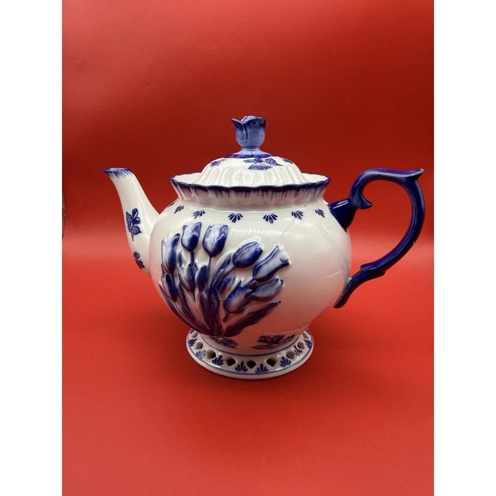 Vintage Delft Blue Teapot Raised Tulips Holland Hand Painted